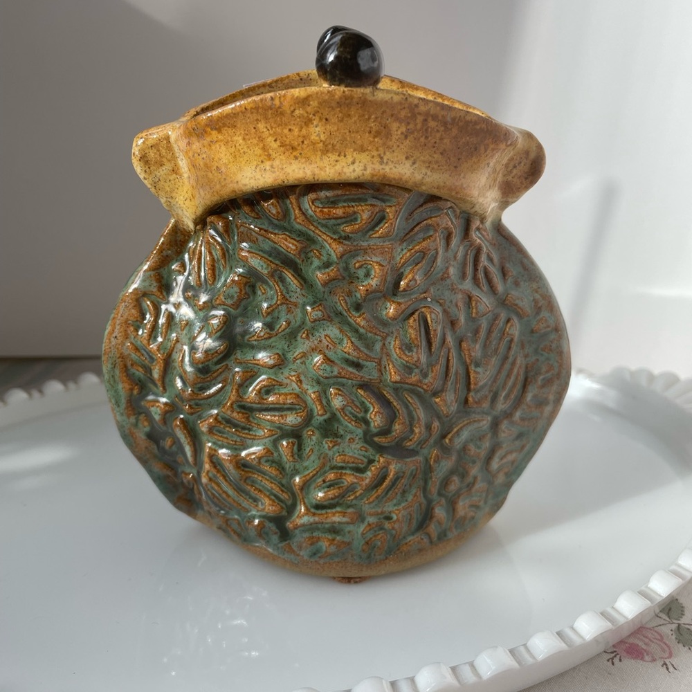 Handcrafted Stoneware Purse Vase with Green and Brown Glaze Signed by Artist - Picture 7 of 17